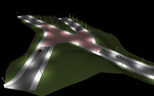 3D render of road design with nighttime lighting